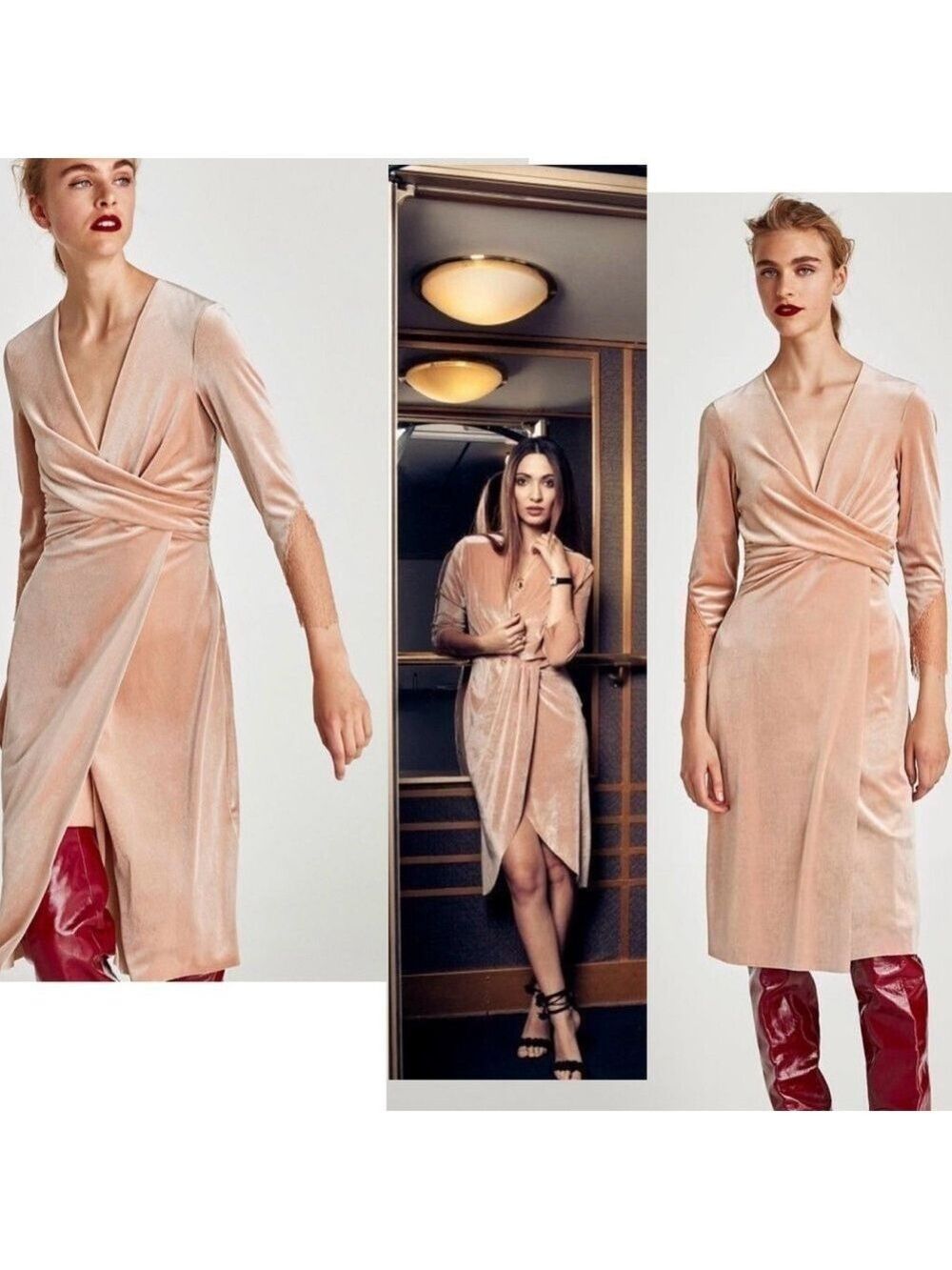 Zara nude blush pink velvet lace long sleeve V-neck wrap midi dress Sz L NWT